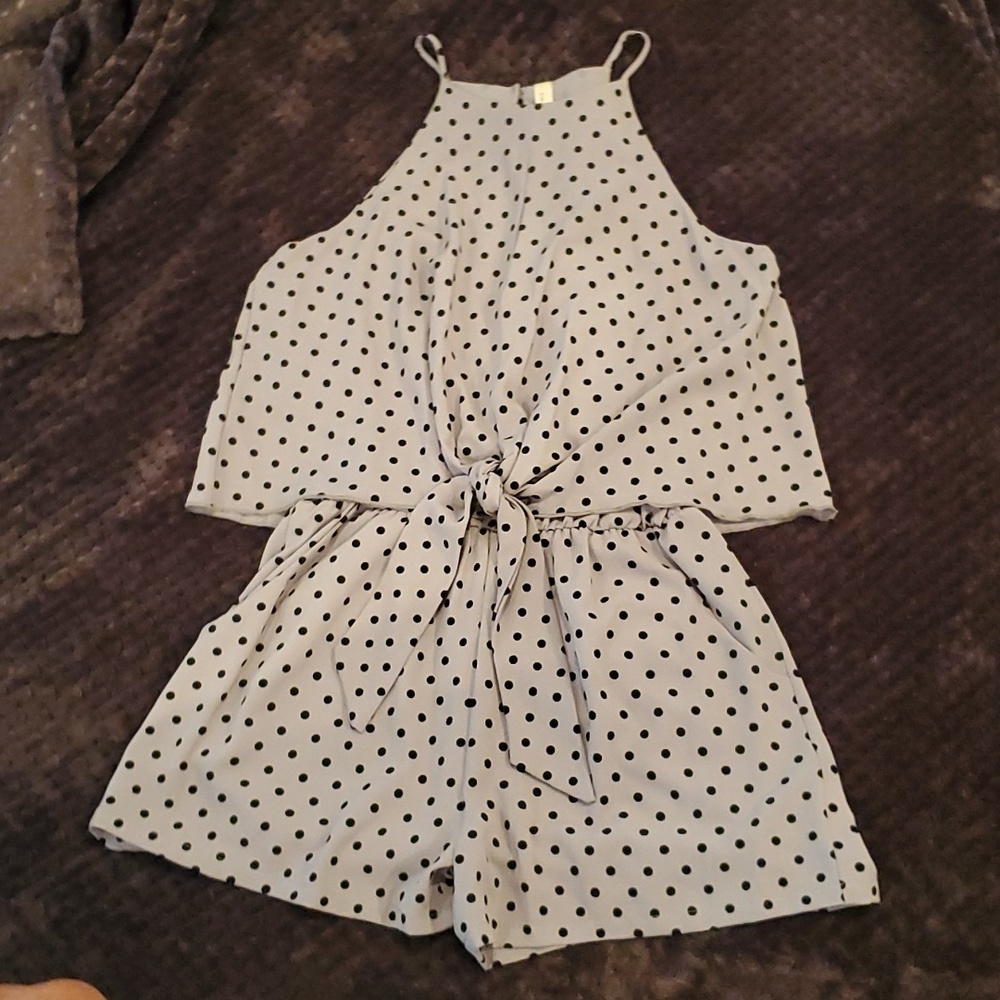 Tyche Polka Dot Spaghetti Strap Front Tie Flocked Romper. Size S, M, L - Picture 7 of 7